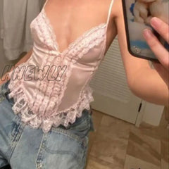 Y2K Kawaii Lace Pink Crop Top 90S Vintage V-Neck Sleeveless Tank Chic Women Aesthetic Fairy Grunge