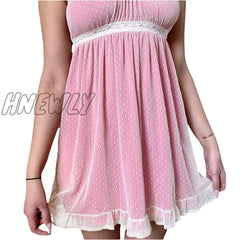 Hnewly Y2K Kawaii Pink A-Line Dress Summer Women Lace Mini Sundress Fashion Harajuku Sweet E Girl