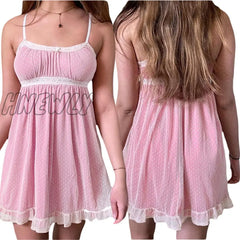Hnewly Y2K Kawaii Pink A-Line Dress Summer Women Lace Mini Sundress Fashion Harajuku Sweet E Girl