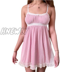 Hnewly Y2K Kawaii Pink A-Line Dress Summer Women Lace Mini Sundress Fashion Harajuku Sweet E Girl
