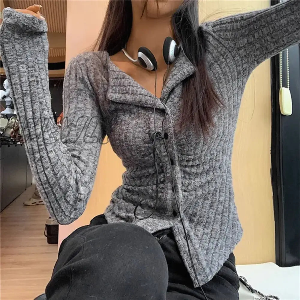 Hnewly Y2K Knitted Cardigan Women Collar Sweater Coat Vintage Long Sleeve Single Breasted Top