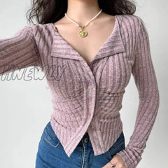 Hnewly Y2K Knitted Cardigan Women Collar Sweater Coat Vintage Long Sleeve Single Breasted Top