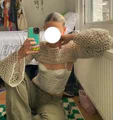 Hnewly Y2K Knitted Crop Top Hollow Out Loose O Neck Long Sleeve Smock Women Retro Streetwear
