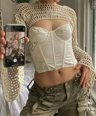 Hnewly Y2K Knitted Crop Top Hollow Out Loose O Neck Long Sleeve Smock Women Retro Streetwear