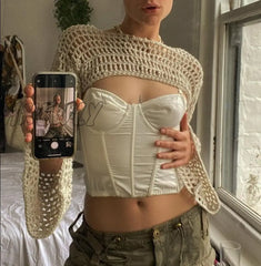 Hnewly Y2K Knitted Crop Top Hollow Out Loose O Neck Long Sleeve Smock Women Retro Streetwear