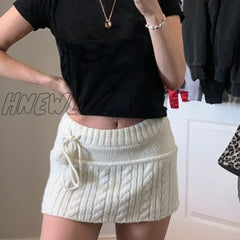 Hnewly Y2K Knitted Mini Skirts Lace Up Fur Cute Sweet Pencil Twist Skinny Low Waisted Short Women