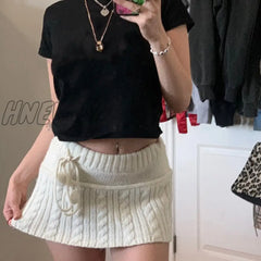 Hnewly Y2K Knitted Mini Skirts Lace Up Fur Cute Sweet Pencil Twist Skinny Low Waisted Short Women