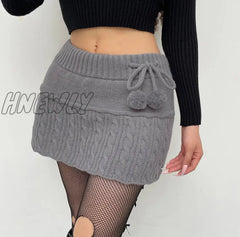Hnewly Y2K Knitted Mini Skirts Lace Up Fur Cute Sweet Pencil Twist Skinny Low Waisted Short Women
