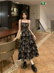 Hnewly Y2K Korean Style One Piece Floral Dress Women Vintage Elegant Layered High Waist Black Long