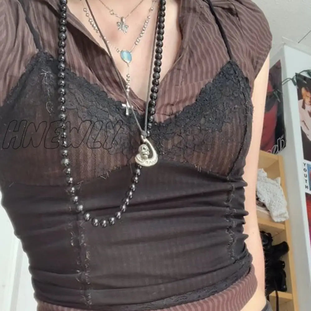 Hnewly Y2K Lace Cami Summer Aesthetic Grunge Fairy Core Clothes Punk Spaghetti Strap Crop Top 2000S
