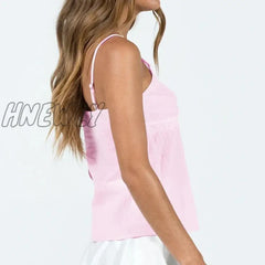 Hnewly Y2K Lace Patchwork Pink Crop Top Women Striped V Neck Spaghetti Strap Sleeveless Camisole