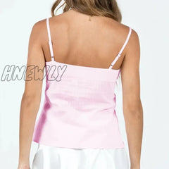 Hnewly Y2K Lace Patchwork Pink Crop Top Women Striped V Neck Spaghetti Strap Sleeveless Camisole