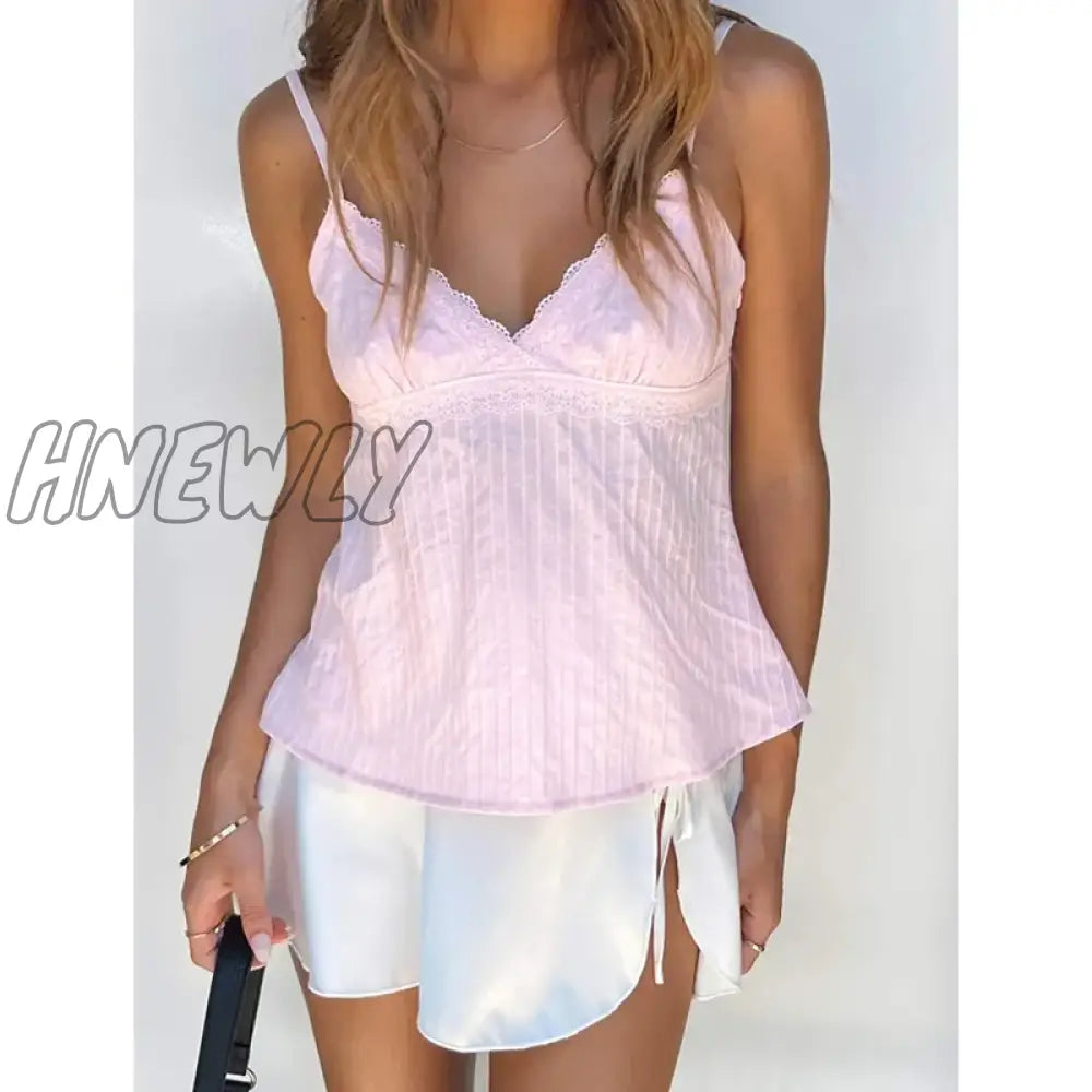 y2k Lace Patchwork Pink Crop Top Women Striped V Neck Spaghetti Strap Sleeveless Camisole 2000s Fairy Grunge Clothes Streetwear