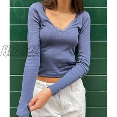 Hnewly Y2K Lace Top 2000S Aesthetic Women Solid Color V Neck Long Sleeve Tshirt Korean Fashion