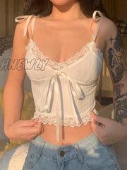 Hnewly Y2K Lace Trim Crop Top Aesthetic White Bow Cute Sweet Mini Vest Knitted Basic Casual Tee
