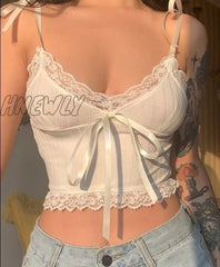 Hnewly Y2K Lace Trim Crop Top Aesthetic White Bow Cute Sweet Mini Vest Knitted Basic Casual Tee