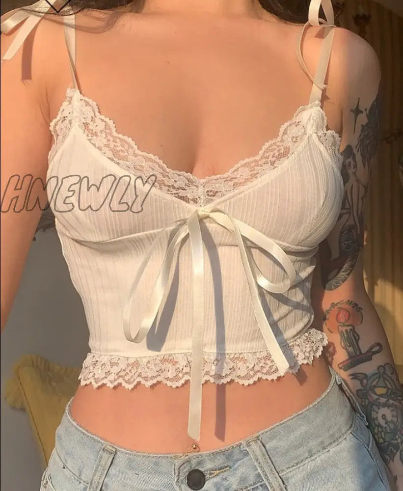 Hnewly Y2K Lace Trim Crop Top Aesthetic White Bow Cute Sweet Mini Vest Knitted Basic Casual Tee