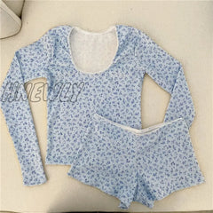 Hnewly Y2K Matching Pajama Set Women Floral Print Lace Trim Round Neck Long Sleeve Crop Top And