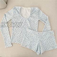 Hnewly Y2K Matching Pajama Set Women Floral Print Lace Trim Round Neck Long Sleeve Crop Top And