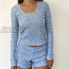 Hnewly Y2K Matching Pajama Set Women Floral Print Lace Trim Round Neck Long Sleeve Crop Top And