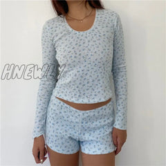 Hnewly Y2K Matching Pajama Set Women Floral Print Lace Trim Round Neck Long Sleeve Crop Top And