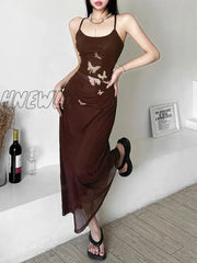 Hnewly Y2K Mesh Slip Dress Backless Long Soft Dresses Butterfly Vintage Print For Day And Night