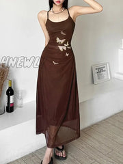 Hnewly Y2K Mesh Slip Dress Backless Long Soft Dresses Butterfly Vintage Print For Day And Night