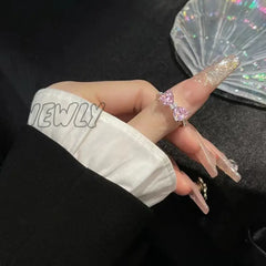 Hnewly Y2K Pink Crystal Bowknot Zircon Rings For Women Fashion Sweet Lovely Girl Open Adjustable