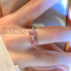 Hnewly Y2K Pink Crystal Bowknot Zircon Rings For Women Fashion Sweet Lovely Girl Open Adjustable