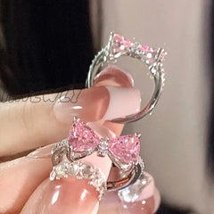 Hnewly Y2K Pink Crystal Bowknot Zircon Rings For Women Fashion Sweet Lovely Girl Open Adjustable