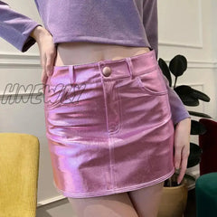 Hnewly Y2K Pink Metallic Fashion Hot Girls Short Skirt Pockets Slim Fit Bright High Waist Korean