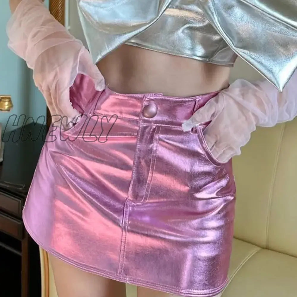 Hnewly Y2K Pink Metallic Fashion Hot Girls Short Skirt Pockets Slim Fit Bright High Waist Korean