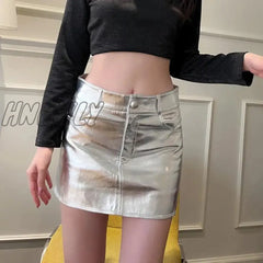 Hnewly Y2K Pink Metallic Fashion Hot Girls Short Skirt Pockets Slim Fit Bright High Waist Korean
