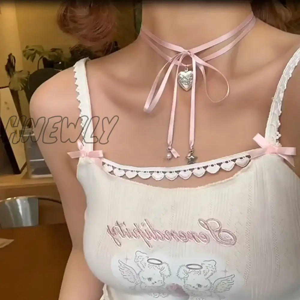 Hnewly Y2K Pink Rope Tied Peach Heart Pendant Necklace For Women Fashion Retro Sweet Harajuku Charm