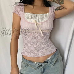 Hnewly Y2K Pink Trim Crop Top Bow Cute Sweet T Shirt Women Retro Short Sleeve Lace Patched Summer