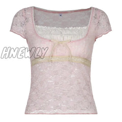 Hnewly Y2K Pink Trim Crop Top Bow Cute Sweet T Shirt Women Retro Short Sleeve Lace Patched Summer