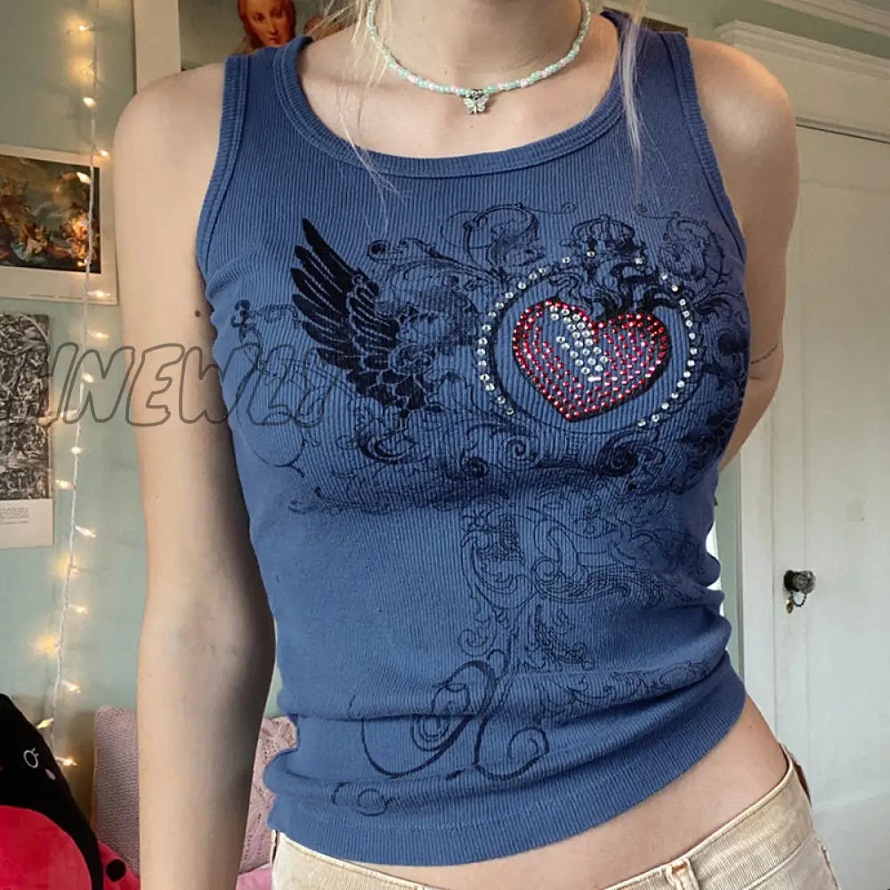 Hnewly Y2K Printed Crop Top Knitted Diamonds Kawaii Grunge Tank Tops Fairycore Sleeveless Sweats