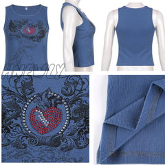 Hnewly Y2K Printed Crop Top Knitted Diamonds Kawaii Grunge Tank Tops Fairycore Sleeveless Sweats