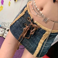 Hnewly Y2K Retro Cute Fur Trim Denim Mini Skirt E Girl Kawaii Lace Up Low Waist Pencil Chic Women