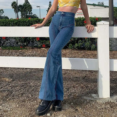 Hnewly Y2K Retro Low Rise Bell Bottom Jeans Indie Aesthetic Egirl Pants Sexy Dark Blue Denim Flared