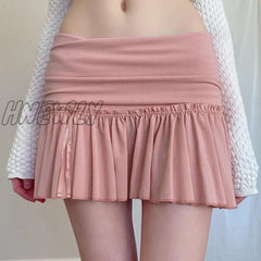 Hnewly Y2K Skirt Sweet Kawaii Aesthetic Solid Color Elastic Low Waist Pleated Mini Skirts With
