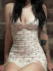 Hnewly Y2K Small Floral Miin Dress Lace V Neck Spaghetti Strap Sundress Backless Sexy Bohemian