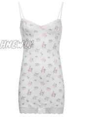 Hnewly Y2K Small Floral Miin Dress Lace V Neck Spaghetti Strap Sundress Backless Sexy Bohemian