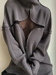 Hnewly Y2K Star Pattern Mesh See Through Sweater Women Long Sleeve Turtleneck Knit Sweatshirt