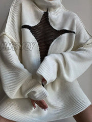 Hnewly Y2K Star Pattern Mesh See Through Sweater Women Long Sleeve Turtleneck Knit Sweatshirt