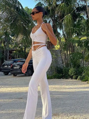 Hnewly Y2K Streetwear Sexy Bandage Blue Co-Ord Suits 2000S Fashion Drawstring Halter Top And High