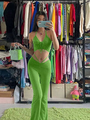 Hnewly Y2K Streetwear Sexy Bandage Blue Co-Ord Suits 2000S Fashion Drawstring Halter Top And High