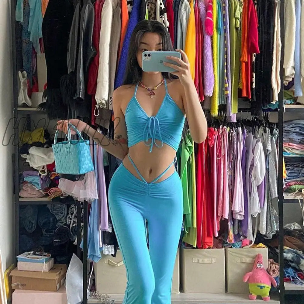 Hnewly Y2K Streetwear Sexy Bandage Blue Co-Ord Suits 2000S Fashion Drawstring Halter Top And High