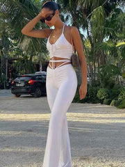 Hnewly Y2K Streetwear Sexy Bandage Blue Co-Ord Suits 2000S Fashion Drawstring Halter Top And High