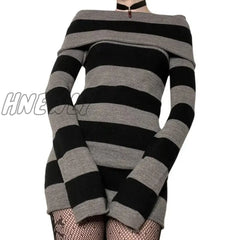 Hnewly Y2K Striped Sweater Mini Dress Mall Goth Grunge Emo Bodycon Chic Women Off Shoulder Full